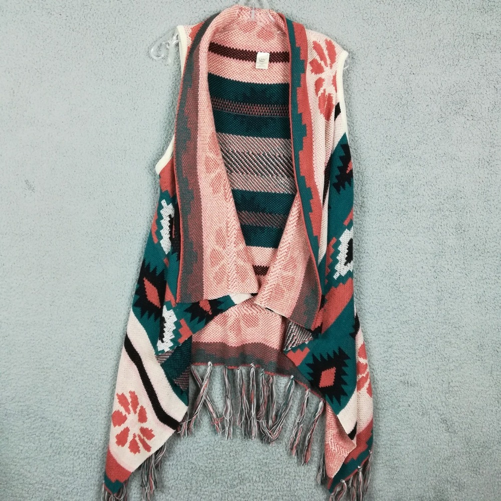 Lildy Womens Sweater Vest Cardigan Aztec Print Fringe‎ Waterfall Open Front S M